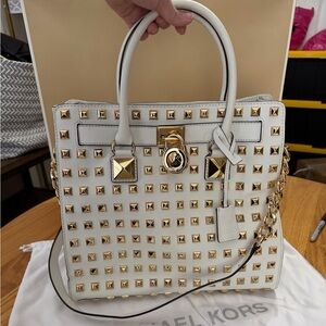 Michael Kors White Hamilton Tote with gold studs